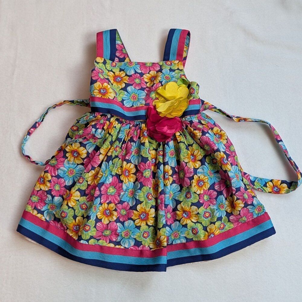 Youngland Neon Floral Striped Sun Dress Fabric Flower Clusters Tie Back Sz 24m